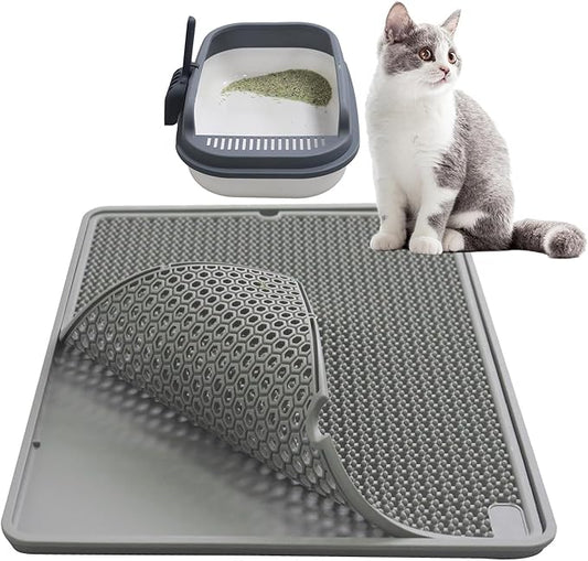 Cat Litter Mat Double Layer, Kitty Litter Box Mat Small Waterproof Urine Proof Trapping, Easy Clean, Silicone Cat Supplies & Accessories for Indoor Pets (Grey, 19.68x14.96x0.39 in)