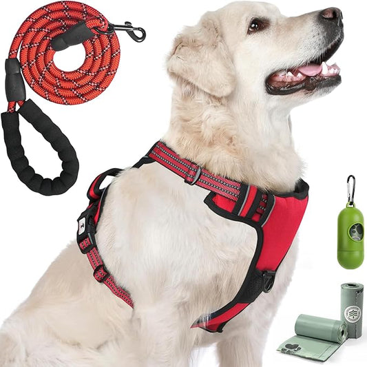 Dog Harness, No-Pull Pet Breathable Harness, Adjustable Soft Padded Dog Vest with 2 Leash Clips, Reflective No-Choke Pet, Easy Control Handle for Large Dogs, Red, S