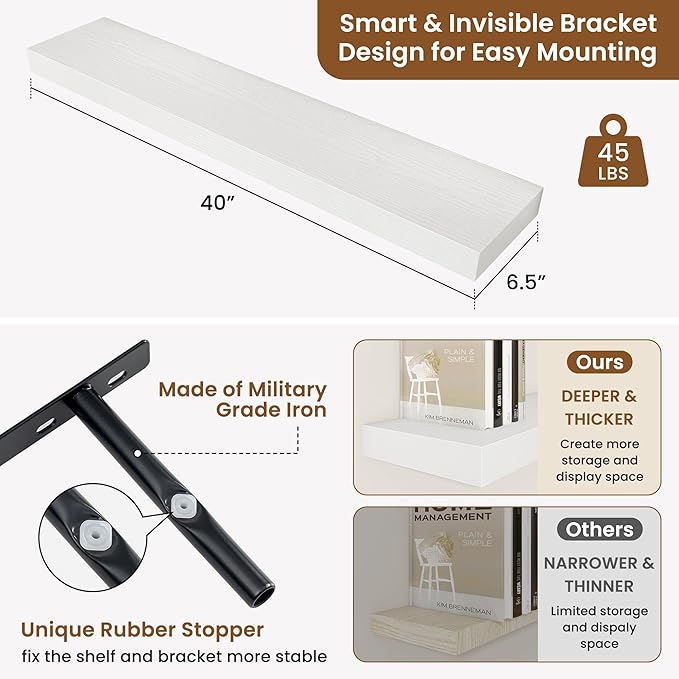 fuqing Floating Shelves for Wall, Wall Mounted Wood Floating Shelf with Invisible Brackets for Living Room, Bathroom, Bedroom, Kitchen Storage and Decor, 40 Inch Set of 2, White