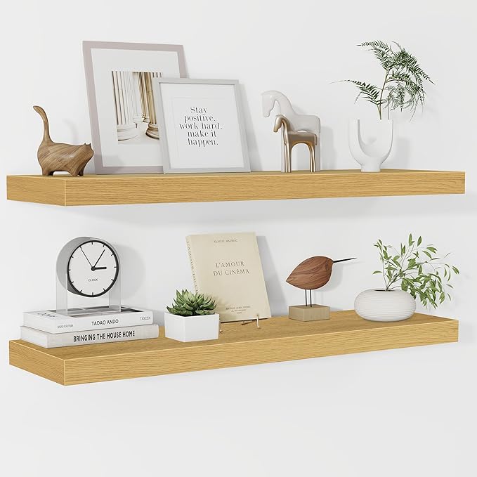 Fun Memories Floating Shelves 36 Inch Long, 9.3Inch Deep Floating Shelves for Wall, Extra Deeper & Thicker Wall Mounted Storage Shelf for Kitchen, Farmhouse, Oak, 2 Pack