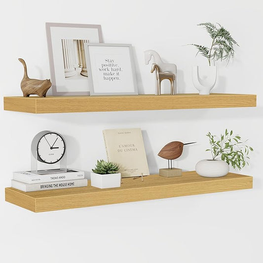 Fun Memories Floating Shelves 36 Inch Long, 9.3Inch Deep Floating Shelves for Wall, Extra Deeper & Thicker Wall Mounted Storage Shelf for Kitchen, Farmhouse, Oak, 2 Pack