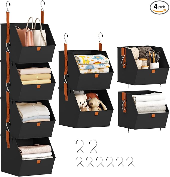 Hanging Closet Organizer 4 Tier - Clothes Hanging Shelves, Space-Saving Closet System, Fabric Storage Bins Bedroom Organization, Collapsible Baskets for Home, Dorm, Rv, Black