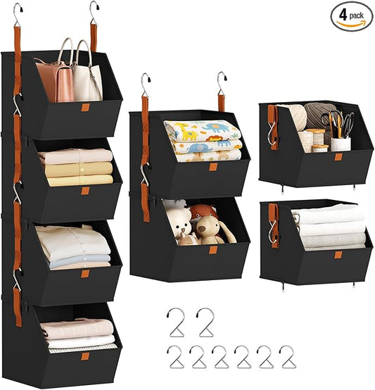 Hanging Closet Organizer 4 Tier - Clothes Hanging Shelves, Space-Saving Closet System, Fabric Storage Bins Bedroom Organization, Collapsible Baskets for Home, Dorm, Rv, Black