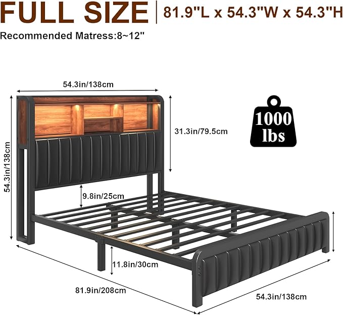 Full Bed Frame 54.3" Tall with 3-Tier Storage Headboard and PU Leather, Metal Platform Bed Frame with LED Lights and Charging Station, Noise-Free, Metal Support, No Box Spring Needed, Black