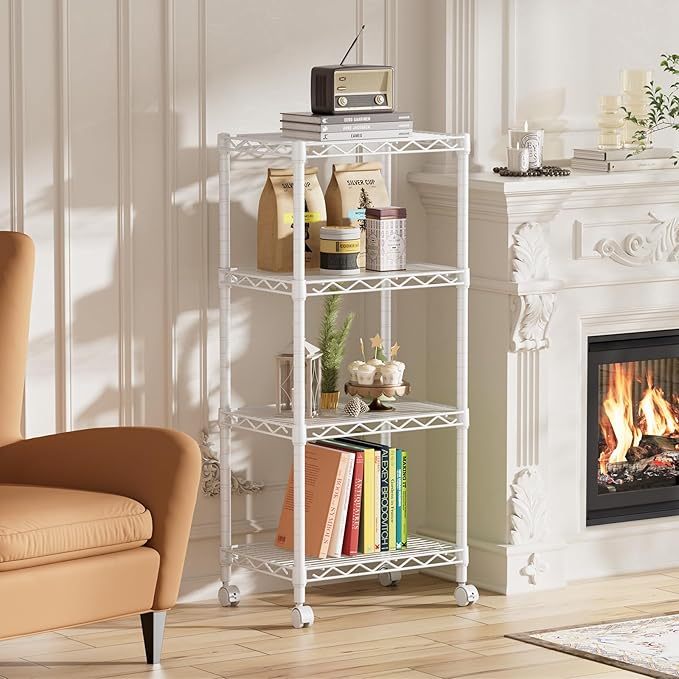 SINGAYE 4 Small Shelves Storage Shelf Wire Shelving Unit Metal Shelf Adjustable Organizers Storage Shelving with Wheels for Bathroom Laundry Room Kitchen Pantry11.5”D x 17.3”W x 44.5”H White