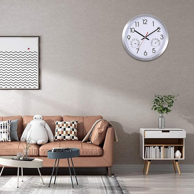 10 Inch Wall Clock with Temperature & Humidity, Aluminum Frame Wall Clocks, Sweep Silent Movement Accurate Clocks, Decorative for Kitchen Living Room Bedroom