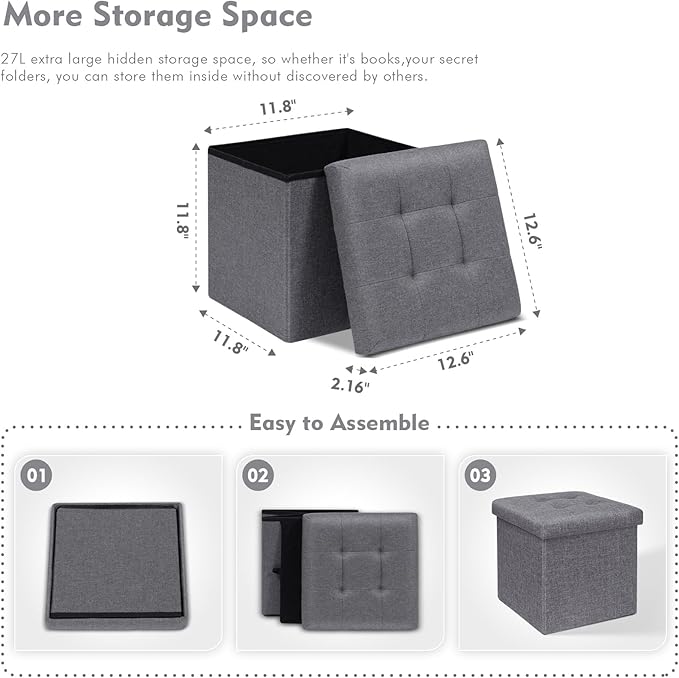 B FSOBEIIALEO Storage Ottoman Cube Foldable Footrest, Chest & Seat for Living Room, Nursery, Bedroom 12.6 Inch Cube (Linen Grey)