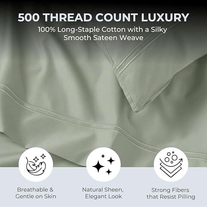 100% Natural Cotton Bed Sheets | 500 TC Single-Ply Sateen Weave Full Size Sheets | Soft, Breathable, Hypoallergenic Solid 4-Piece Bedding with Deep Pocket Fitted, Flat, Pillowcase | Sage