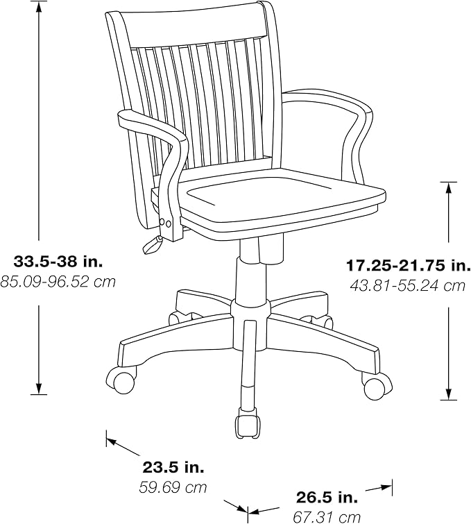 OSP Home Furnishings Deluxe Wood Banker's Desk Chair with Padded Seat, Adjustable Height and Locking Tilt, Fruitwood Finish and Black Vinyl