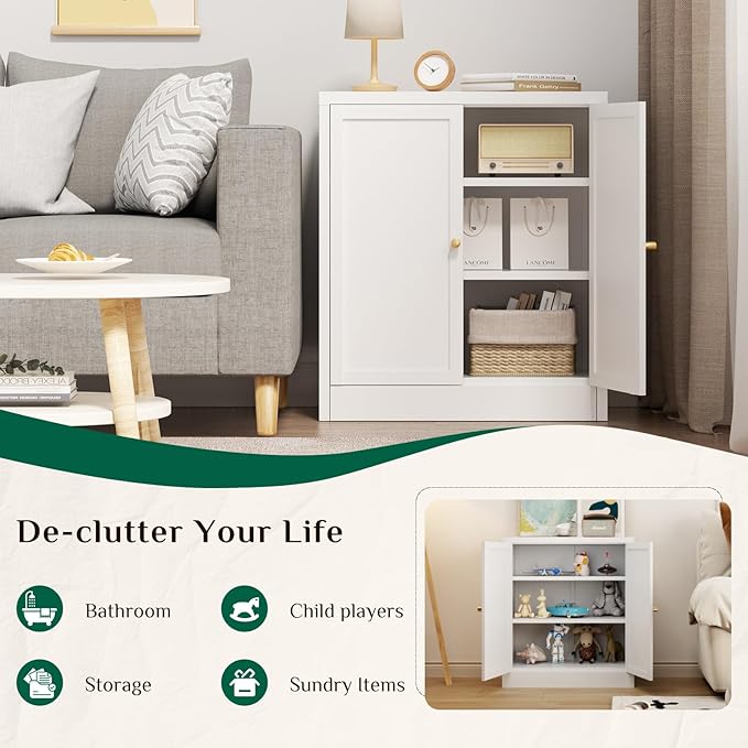 Storage Cabinet, Metal Bathroom Floor Organizers and Storage Cabinets, Freestanding Small Cabinet for Restroom, 3 Shlves Home、Bathroom、Living Room Cabinets - White