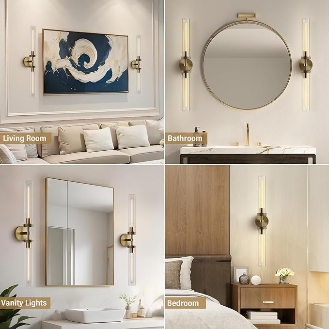 Brass Wall Sconces, 30in Gold 2-Light Double Glass Sconces Wall Lighting, Bathroom Knurled Vanity Light Sconces, Wall Lights for Living Room Bedroom（Including Bulb）