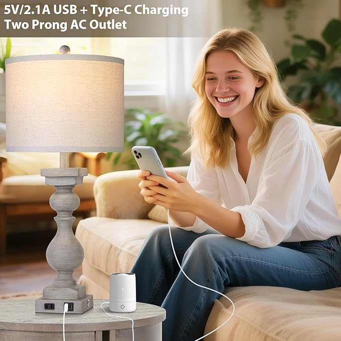 28" Tall Farmhouse Table Lamps Set of 2 with USB C+A Ports and AC Outlet, 3 Way Touch Tall Rustic Bedside Lamps for Living Room, Grey Vintage Lamps for Bedroom