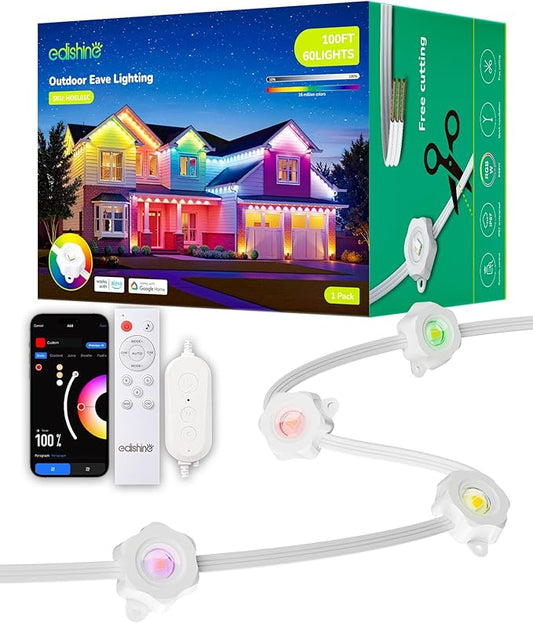 EDISHINE Cuttable Permanent Outdoor Christmas Lights PRO, 100FT 60 LED RGB+IC+Warm White Eave Light, 111+ Scene Mode, Smart APP/Voice & Remote, IP67 for House Year-Round Decor, Work with Alexa, Google