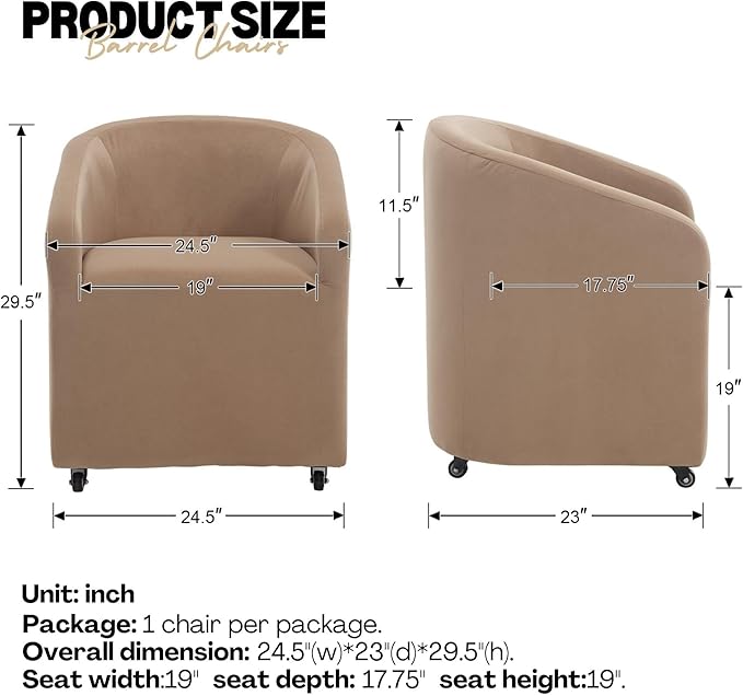 Khaki Barrel Dining Room Chair with Swivel Casters Velvet Upholstered Modern Dining Chair with Arms Back Accent Side Chair for Living Reading Room Kitchen Bedroom