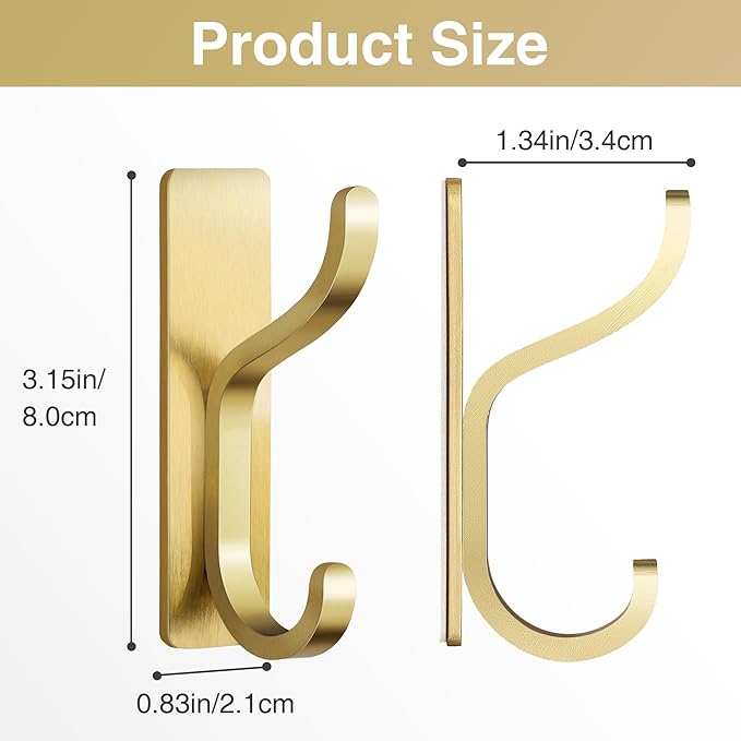 pickpiff Adhesive Wall Coat Hooks - Heavy Duty Stick-On Door Hanger, Metal Hook for Hanging Towel,Purse, Robe, Backpack, Jacket, Clothes - for Bathroom,Dorm, Closet, Kitchen - Gold, 4 Pack
