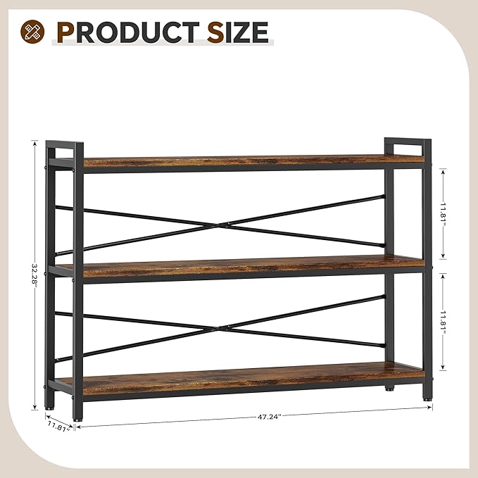 3 Tier Bookcase 47.24" Width, Long Industrial Book Shelf, Vintage Wooden Large Book Shelf for Home Living Room Bedroom Office Storage(Vintage)