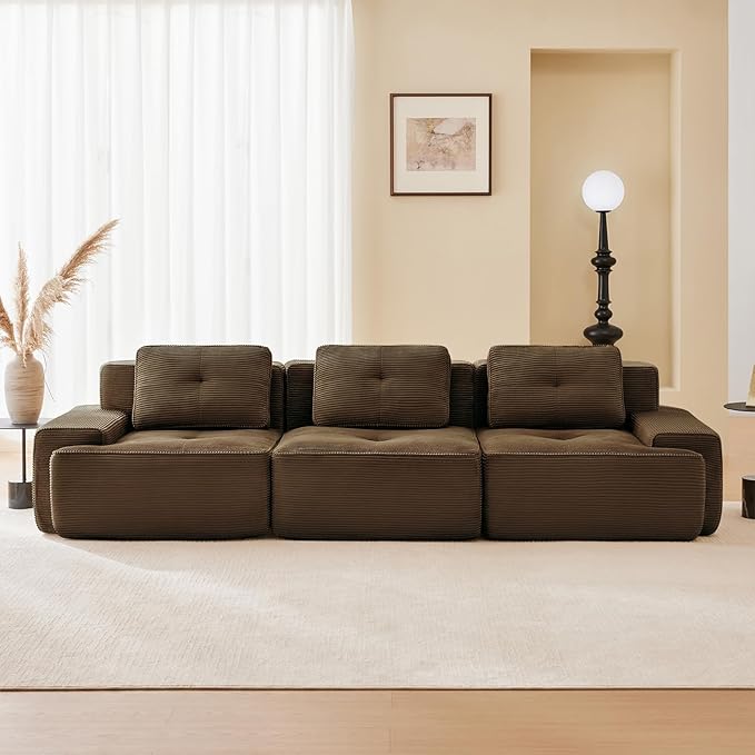 115" Modern Corduroy Cloud Sofa, Boneless Modular Large Sectional Couches for Living Room, Brown 3 Seater Compressed Memory Foam Couch, Extra Deep Seat, No Assembly