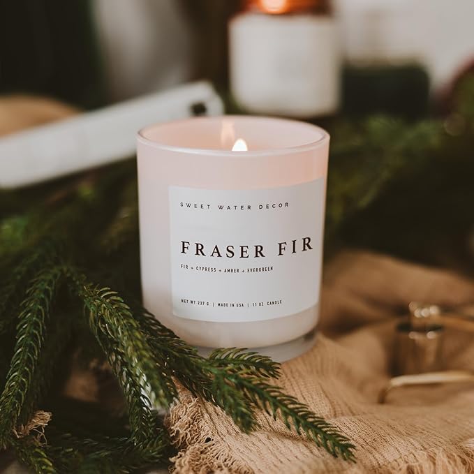 Sweet Water Decor Fraser Fir Candle - Evergreen, Fir, Cedar, and Cypress Winter Holiday Scented Soy Christmas Candles for Home - 11oz White Jar, 50+ Hour Burn Time, Made in The USA