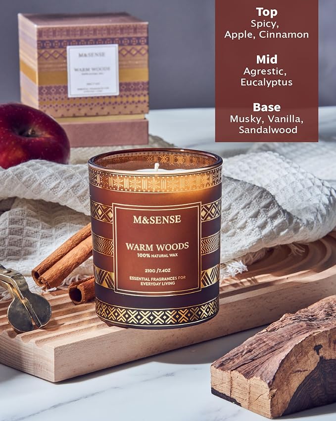 M&SENSE Christmas Candles - Warm Wood Scented Candle for Home, 7.4 Oz, 45 Hour Burn Time, Fall Winter for Men & Women, Xmas Thanksgiving Gift
