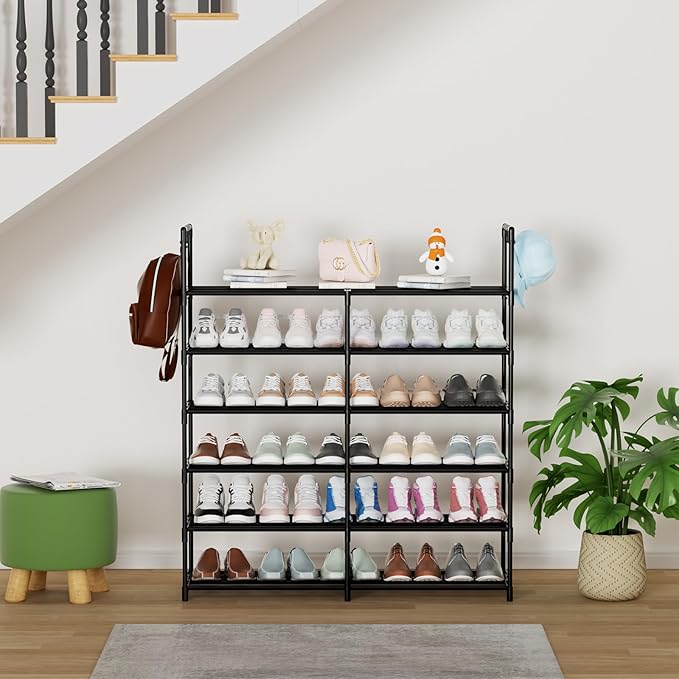 2-Row 6-Tier Stackable Shoe Rack, Black Metal Shoe Shelf with Multifunctional Hooks, Hold 24-30 Pairs, Space Saving Shoes Organizer for Closet,Show Rack