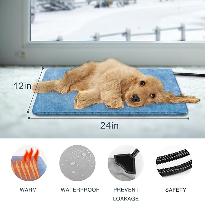 Electric Pet Heating Pad for Cats and Dogs,Adjustable Dog Cat Heating Pad with 6 Temp & 5 Timer,Waterproof,Chew Resistant Cord, for Kittens & Puppy 24 * 12in