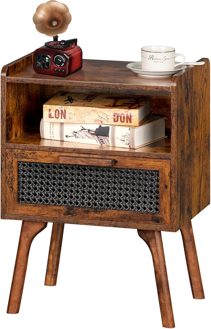 Lerliuo Rattan Nightstand, Boho Side Table with Drawer Open Shelf, Cane Accent Bedside End Table with Solid Wood Legs for Bedroom, Dorm and Small Spaces (Brown)
