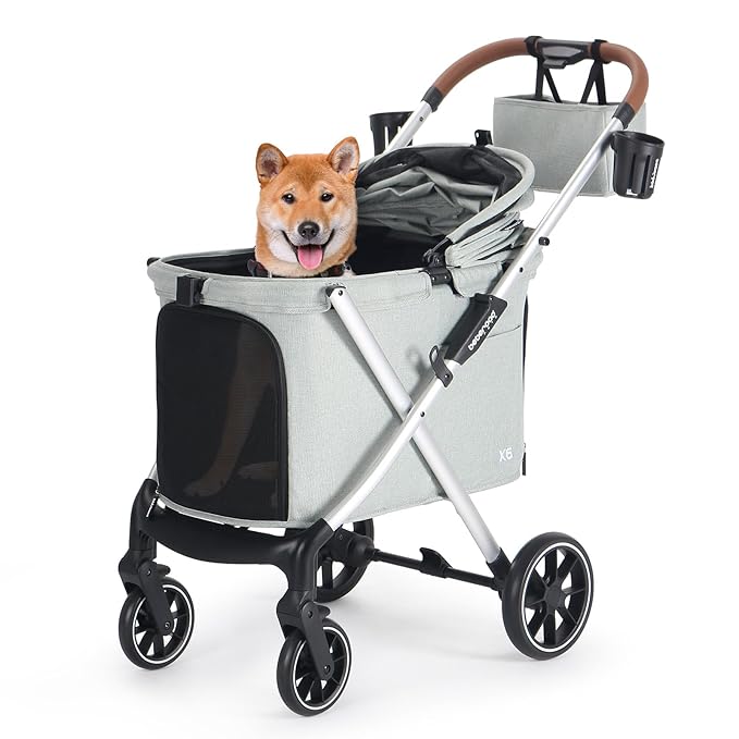 X6 Luxury Pet Stroller for Medium Dogs up to 66 lbs, One-Second Fold Design, 180° Canopy, 4-Wheel Shock Absorption (Green)