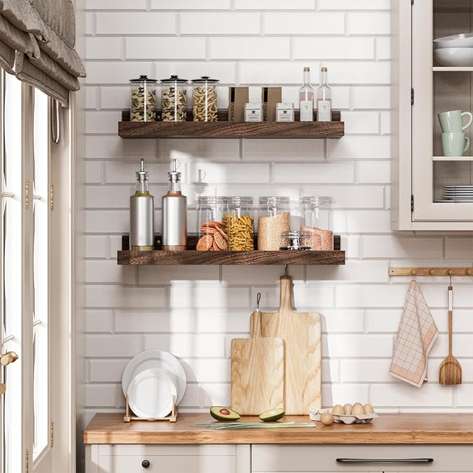 Heimlove Floating Shelves Set of 6, 16" Wall Mounted Picture Ledge, Display Shelf Organizer for Decor Storage, Wall Mounted Shelves for Living Room, Bedroom, Bathroom, Kitchen (Walnut)