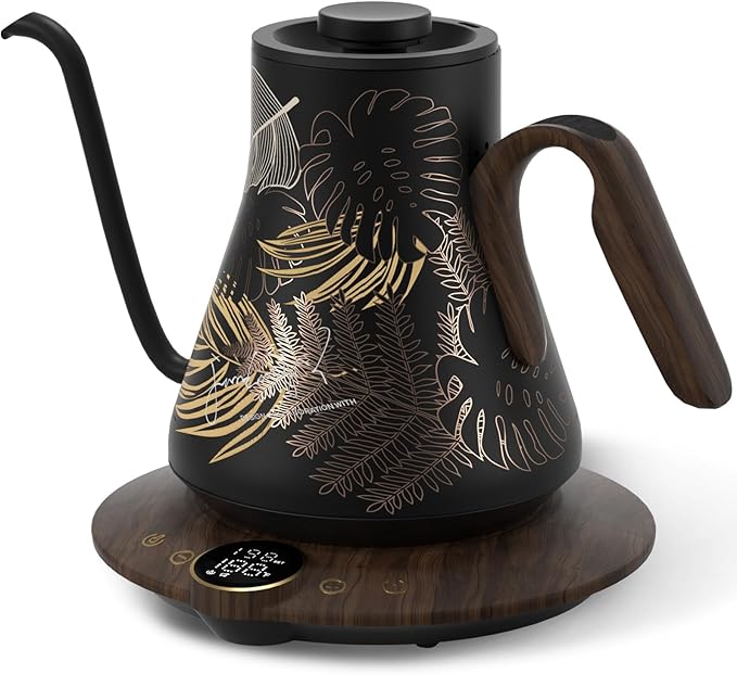 Gooseneck Electric Kettle with ±1℉ Temperature Control for Pour Over Coffee & Tea, Quick Heating, BPA-Free Stainless Steel, Built-in Brew Timer, 1500W/0.9L (Rainforest)