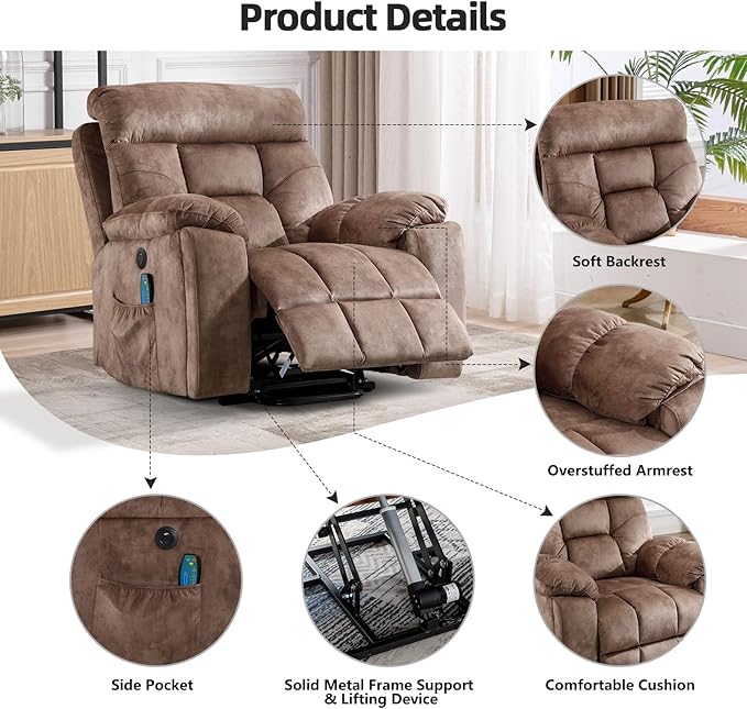 CANMOV Large Power Lift Recliner Chair with Massage and Heat for Elderly Big and Tall People, Overstuffed Wide Recliners with 2 Cup Holders, Side Pocket and USB Port, Camel