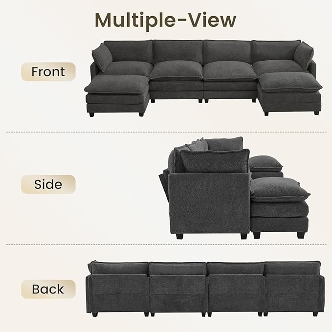 ROWHY Oversized Modular Sectional Couch with 2 Movable Ottoman, 148" Modern Convertible U Shaped Sofa Set, 4 Seat Comfy Cloud Couch with 2 Throw Pillows, for Living Room, Chenille, Charcoal Grey