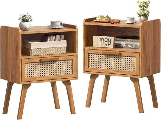 Lerliuo Rattan Nightstands Set of 2, Side Table with Drawer, Cane Accent Bedside End Table with Solid Wood Legs, Mid Century Modern Night Stand for Bedroom, Dorm and Small Spaces (Tea Brown)