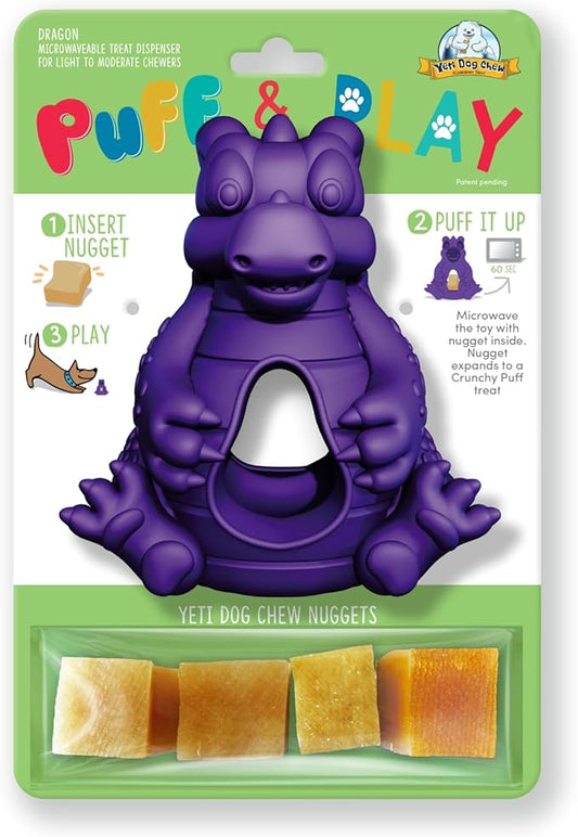 Yeti Dog Chew Puff and Play Interactive Dog Toys, Nuggets Dog Treat Dispenser Teething, Behavior Training for Light to Moderate Chewers, (Purple - Dragon)