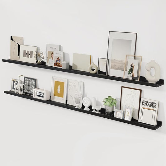 Picture Ledge Shelf, 72 inch Solid Ash Wood Floating Shelves Set of 2, Picture Ledge Ledge Wall Mounted for Living Room Kids' Room Bedroom, Color Black