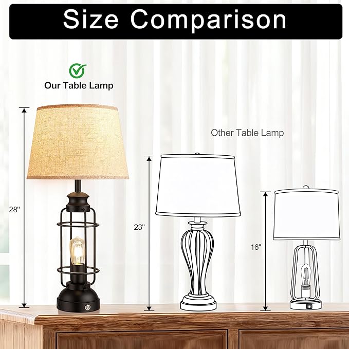 28" Table Lamps for Living Room Set of 2, 3 Way Dimmable Touch Lamps with USB A+C Ports,Farmhouse Table Lamps for Bedroom,Industrial Lamp for Living Room End Tables, 4 Bulbs Included