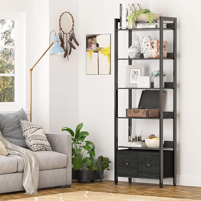 Furologee 6-Tier Bookshelf, Tall Bookcase with 2 Drawers Storage Organizer, Industrial Display Free Standing Shelf Units, Wood and Metal Storage Rack for Home Office, Bedroom, Black Oak