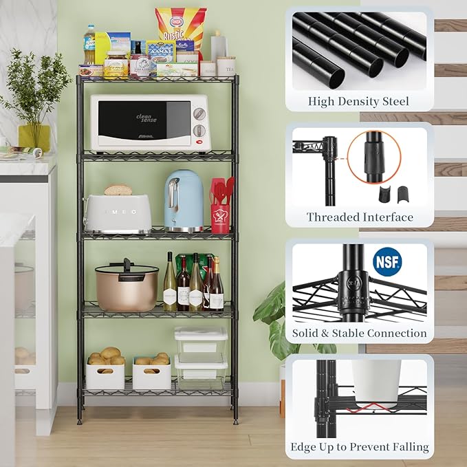 BestOffice 5-Shelf Storage Shelves, Adjustable Shelving Unit Wire Shelving Metal Shelves,11.6" D x 21.5" W x 47.6" H,Black