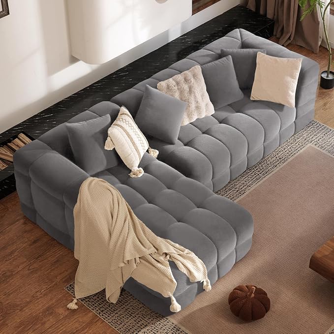 107" Boneless Couch with L - Shaped Chaise, Modern Chenille Modular Sectional Sofa with Tufted Design, Comfy Upholstered Sofa, No - Assembly Sectional Couch, Dark Grey