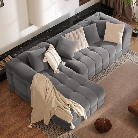 107" Boneless Couch with L - Shaped Chaise, Modern Chenille Modular Sectional Sofa with Tufted Design, Comfy Upholstered Sofa, No - Assembly Sectional Couch, Dark Grey