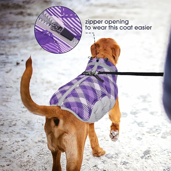 FUAMEY Dog Coat for Large Dogs,Waterproof Dog Winter Jacket with Harness Built in Puppy Cold Weather Coats Reflective Pet Vest with Zipper Warm Fleece Dogs Snowsuit Windproof Purple Plaid XL
