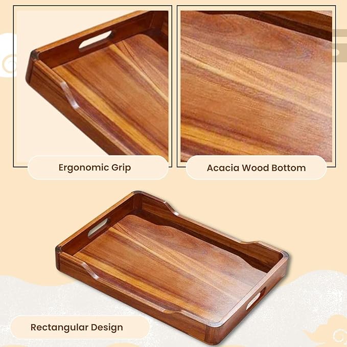 Acacia Wood Serving Tray with Handles, 18x13in Food Drinks Tray for Coffee Table, Breakfast, Dinner & Bar, Rustic Decorative Storage Tray for Ottoman, Kitchen, House Warming Gifts New Home