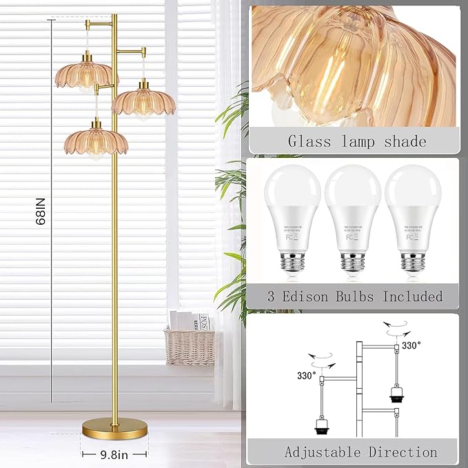 Gold Floor Lamps for Living Room 3 Lights Floor Lamp with Glass Lampshape & Three Led Bulb,Mid Century Standing Lamp Vintage Brass Tall Lamp Tree Floor Lamp for Bedroom Corner