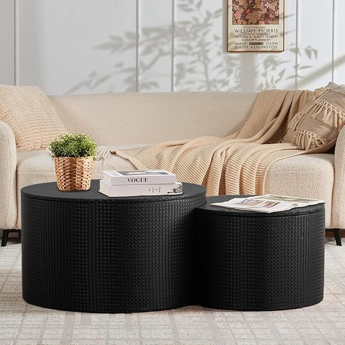 Round Nesting Coffee Table Set of 2, Round Fluted Coffee Tables with Storage for Living Room Leather Veneer Modern Nesting End Side Tables for Small Spaces (A Storage Black)