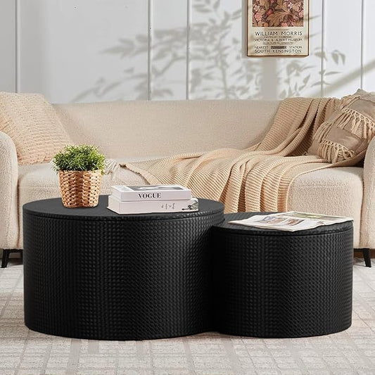 Round Nesting Coffee Table Set of 2, Round Fluted Coffee Tables with Storage for Living Room Leather Veneer Modern Nesting End Side Tables for Small Spaces (A Storage Black)
