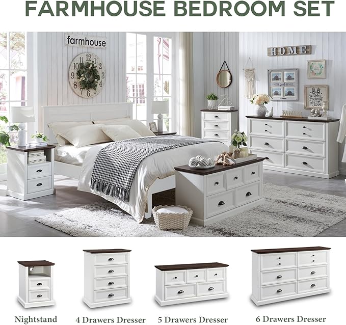 Farmhouse 6 Drawers Dresser for Bedroom, 58" Wide Dresser Chest of Drawers Organizer Storage, Wood Rustic Chest for Closet w/Two Different Drawer Sizes for Living Room, Hallway, White