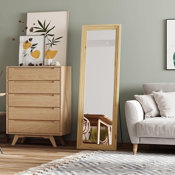 Full Length Mirror,65x22 Inch Full Length Mirror Wall Mounted,Vertical Hanging,Leaning Standing for Bedroom,Living Room,Rectangular Wooden Frame,Log Color.