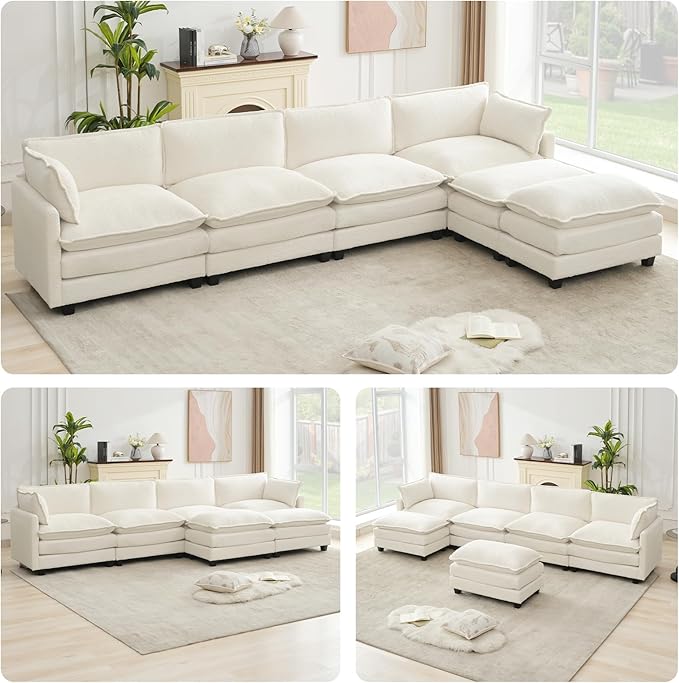 ROWHY Oversized Modular Sectional Couch with 2 Movable Ottoman, 148" Modern Convertible U Shaped Sofa Set, 4 Seat Comfy Cloud Couch with 2 Throw Pillows, for Living Room and Office, Chenille, Beige