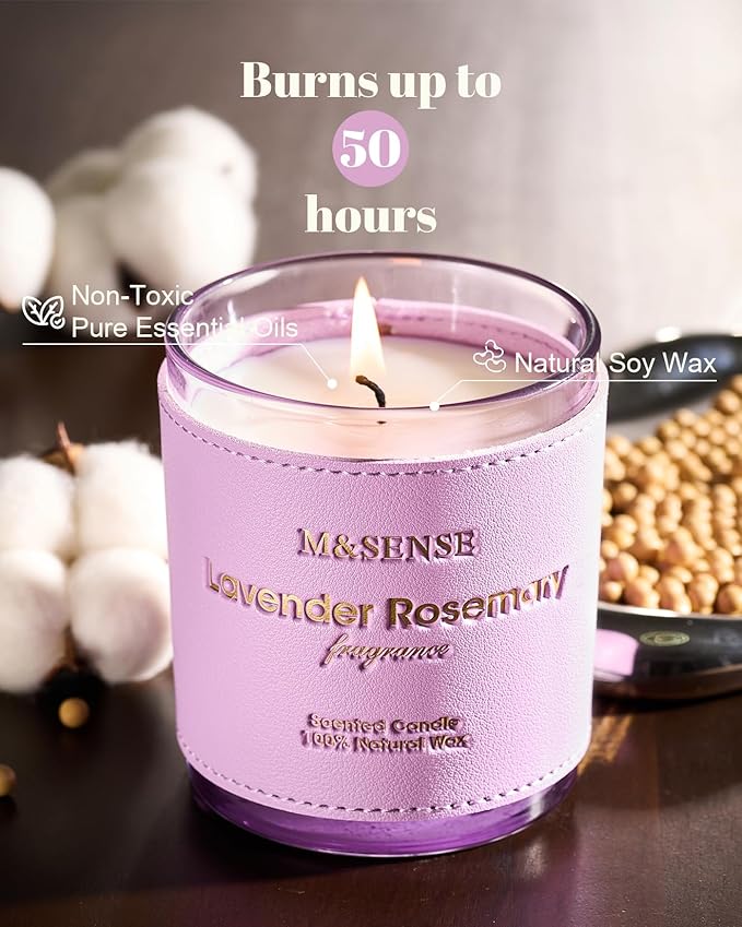 M&SENSE Lavender Rosemary Scented Candles, Vegan Soy Candles, Heavy Scented, 10oz 42-Hour Slow Burning Time, Toxic Free Fall Winter Bathtub Aromatherapy Relaxing Spa, Fancy Gift for Home Decor