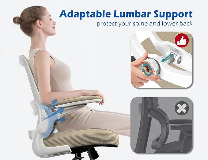 TRALT Ergonomic Office Chair - Desk Chair with Adjustable Lumbar Support Computer Chair - Mesh Comfy Chair with Flip-up Armrests - Gaming Chairs for Adults Home Office (PU Leather, Khaki)