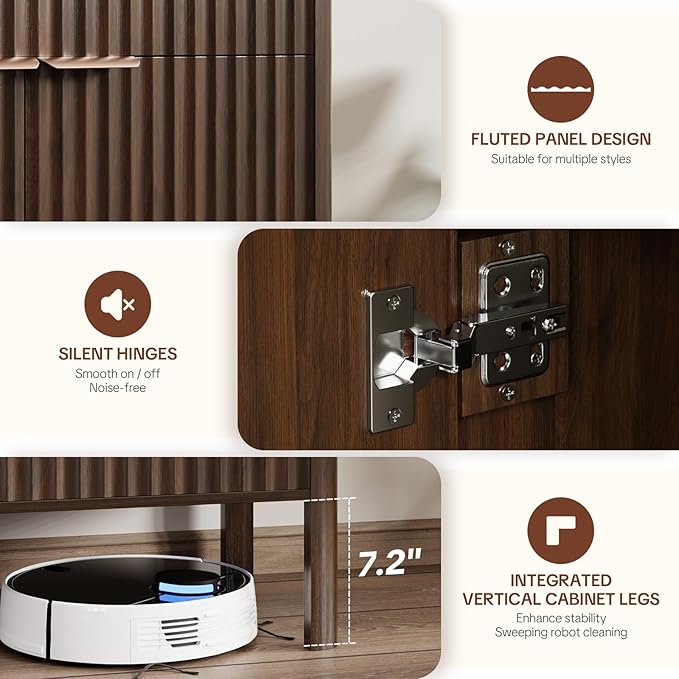 Sideboard Buffet Cabinet with Storage - Modern Fluted Credenza with Doors & Drawer, Accent Cabinet Coffee Table Bar Counter Bookcase for Living Room Kitchen Dining Room Entryway 31" H Walnut